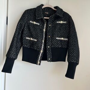 Maje Black and White Textured Jacket with Gold Accents